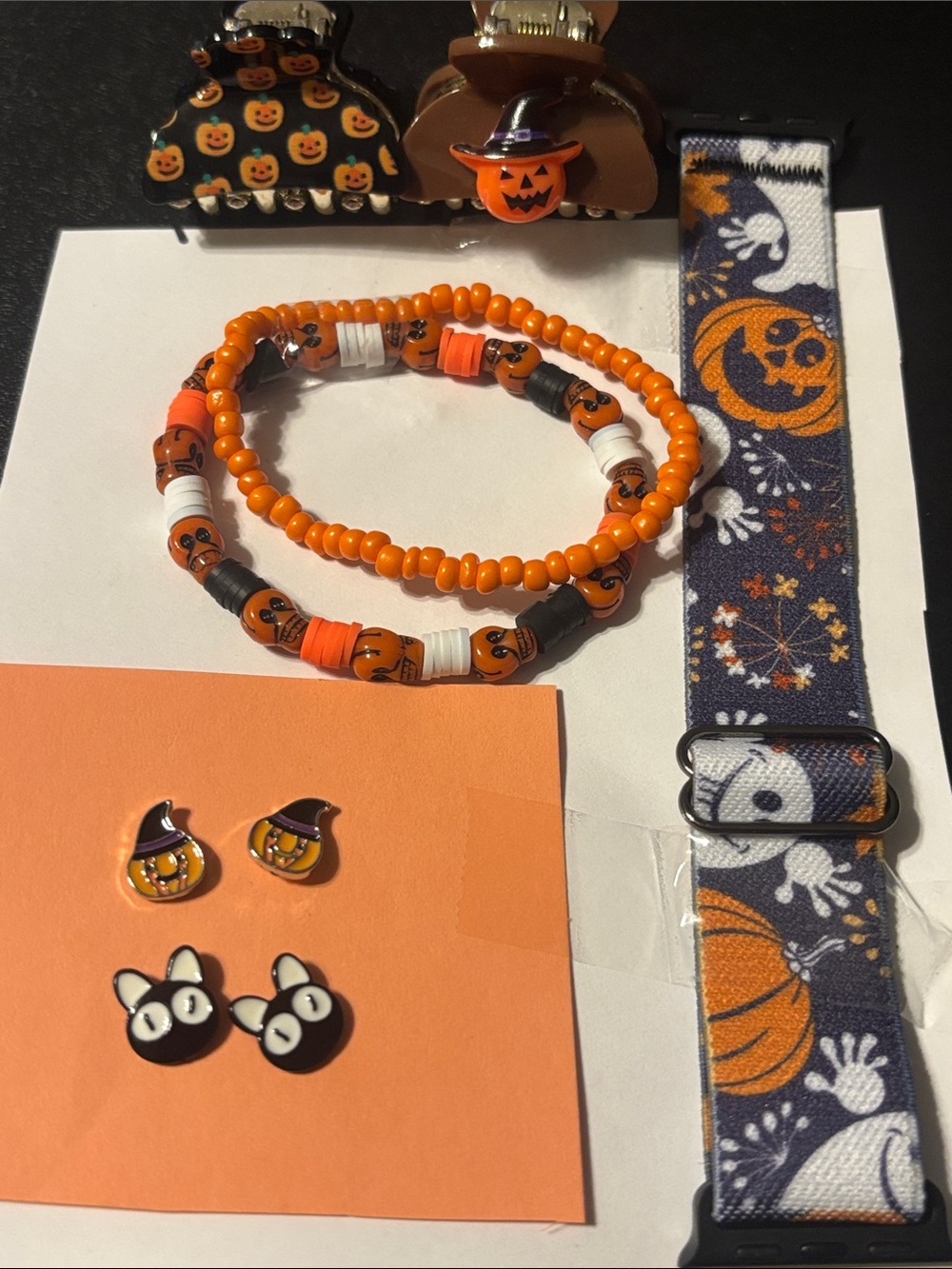 Halloween Pumpkin Earrings and Bracelets Watchband and pumpkin hair clips